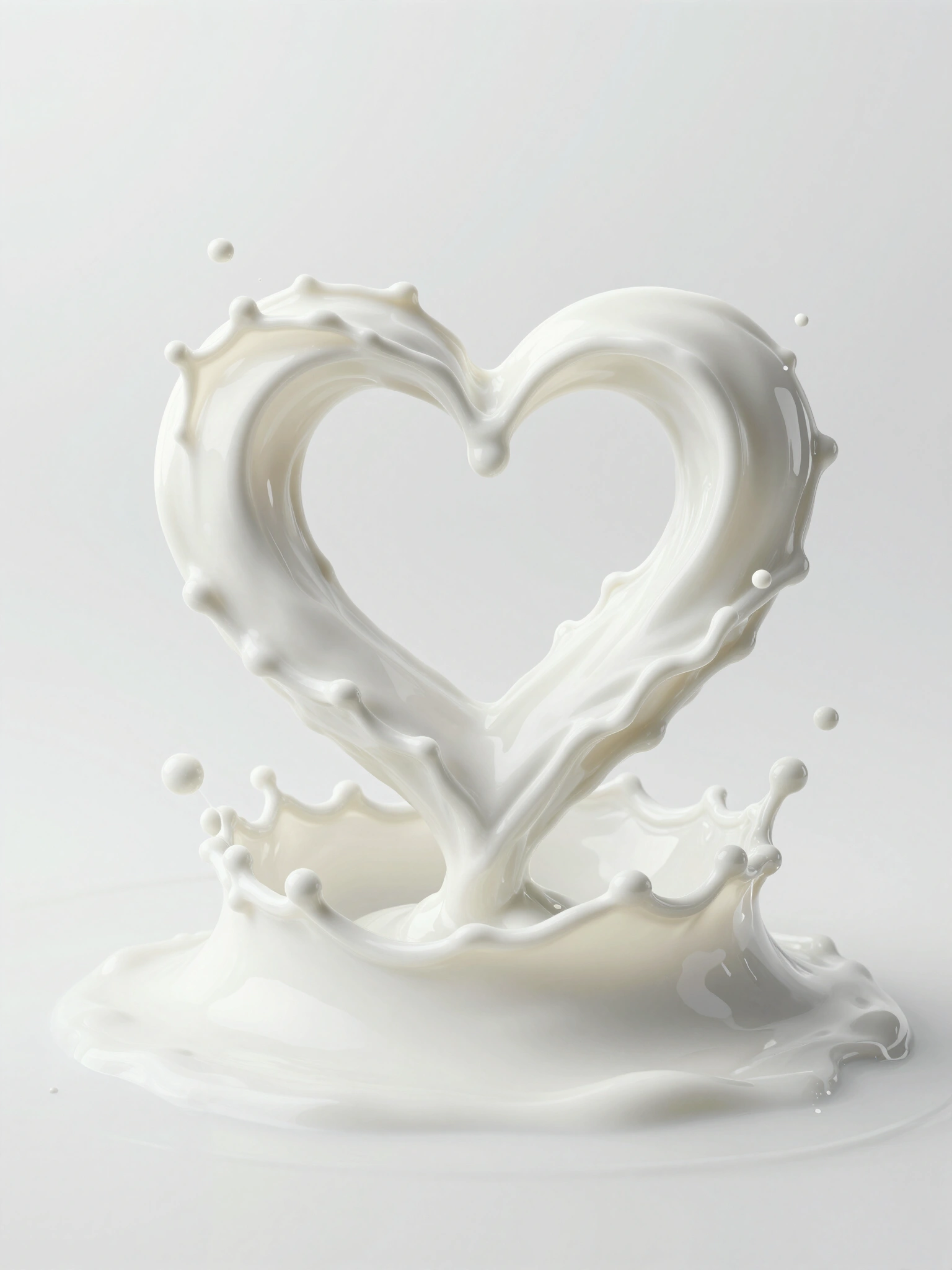Milk splash in heart shape with splatters and droplets on white background