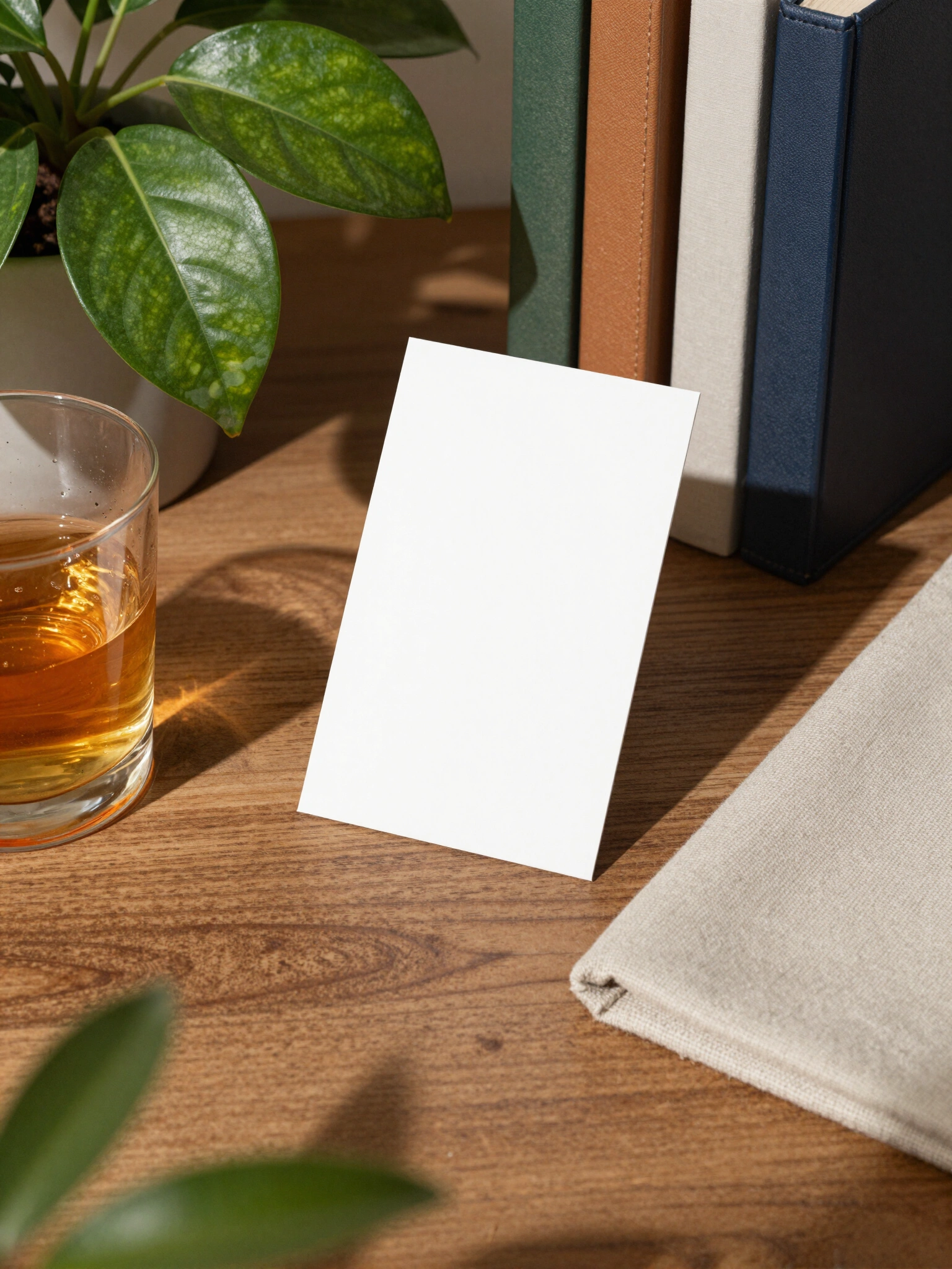 Blank white card on a wooden desk surrounded by a glass, potted plant, and books with natural light casting shadows