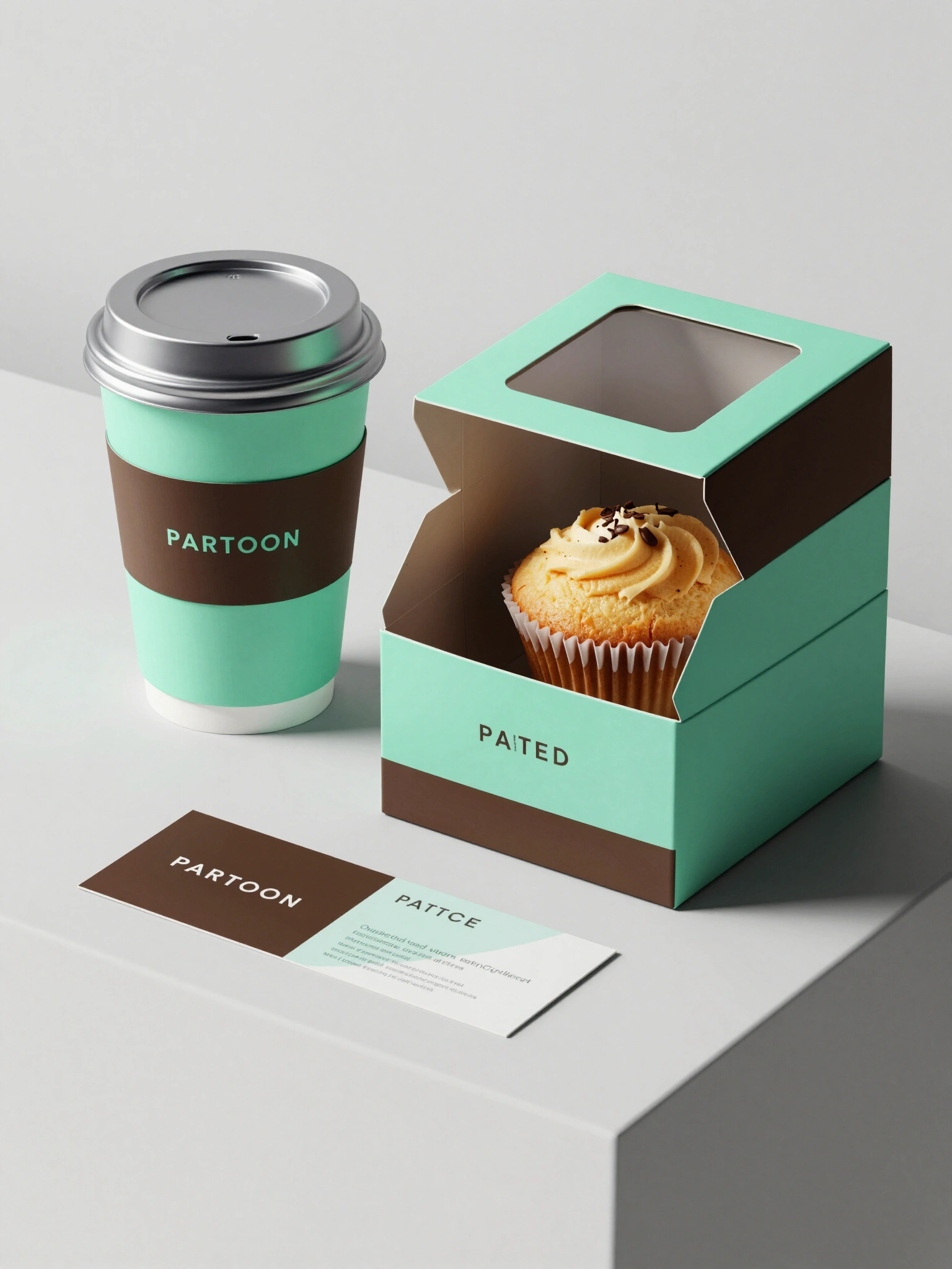 A 3D rendered product mockup of a cupcake box, coffee cup, and business card in mint green and dark brown colors on a transparent background.