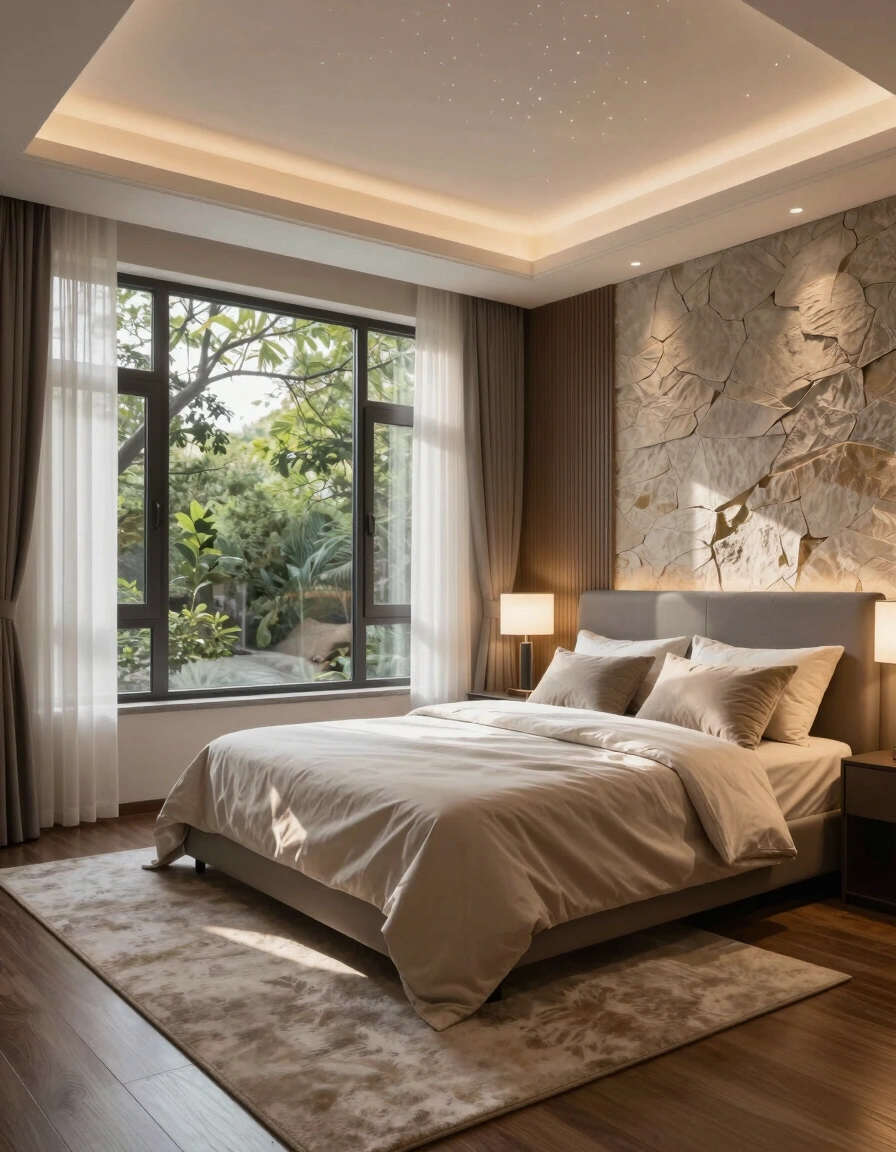 A modern bedroom with a large bed against a stone wall, bedside lamps, and a starry night ceiling effect.