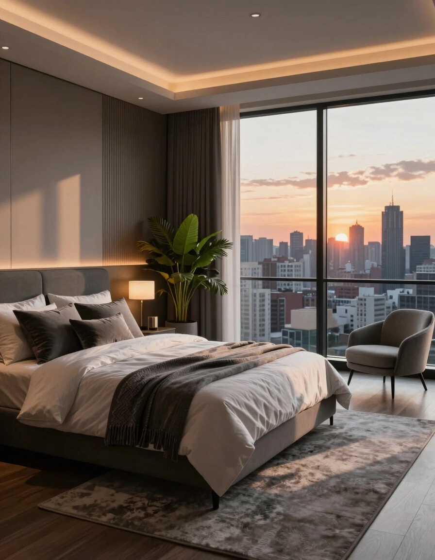 A modern bedroom with a large bed, gray chair, and potted plant, featuring a city view at sunset through a large window.