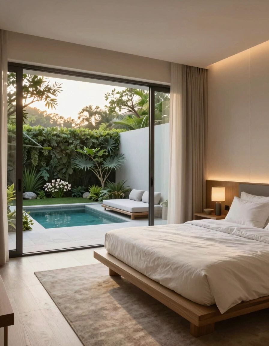 A modern bedroom with a large glass door leading to a private pool and outdoor oasis, featuring a minimalist bed and nightstand, with a flowering tree and lush greenery in the background.