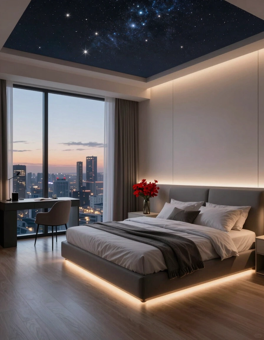 A modern bedroom with a large bed, gray headboard, and a starry night sky ceiling. The room has a large window with a city view and a desk with a chair.
