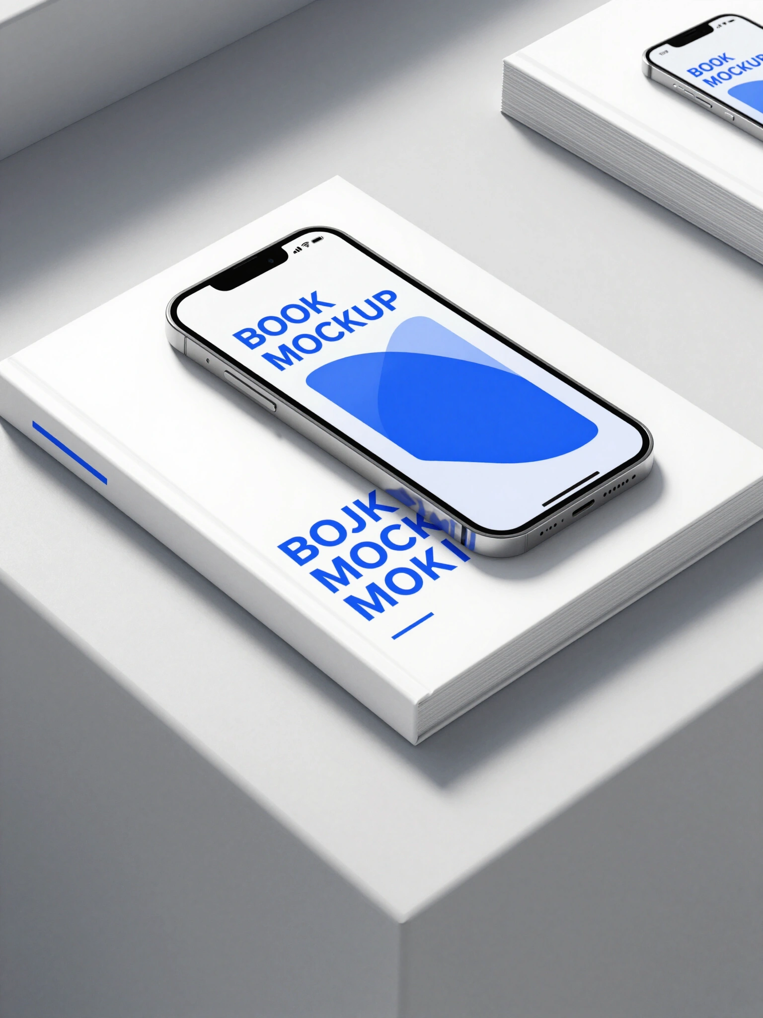 White book mockup with a smartphone on top, showcasing a modern design concept on a light gray surface.