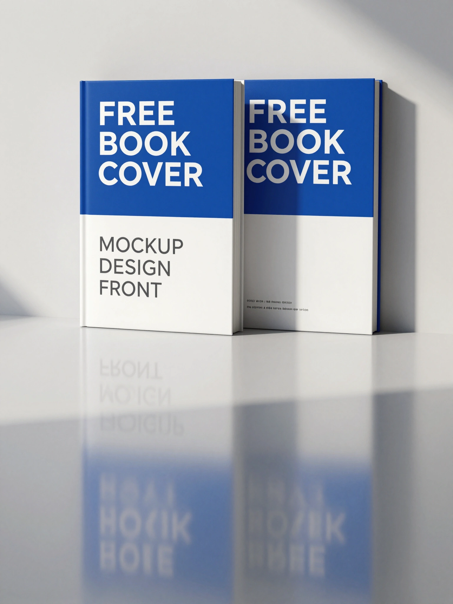Book cover mockup with blue and white design on a reflective surface