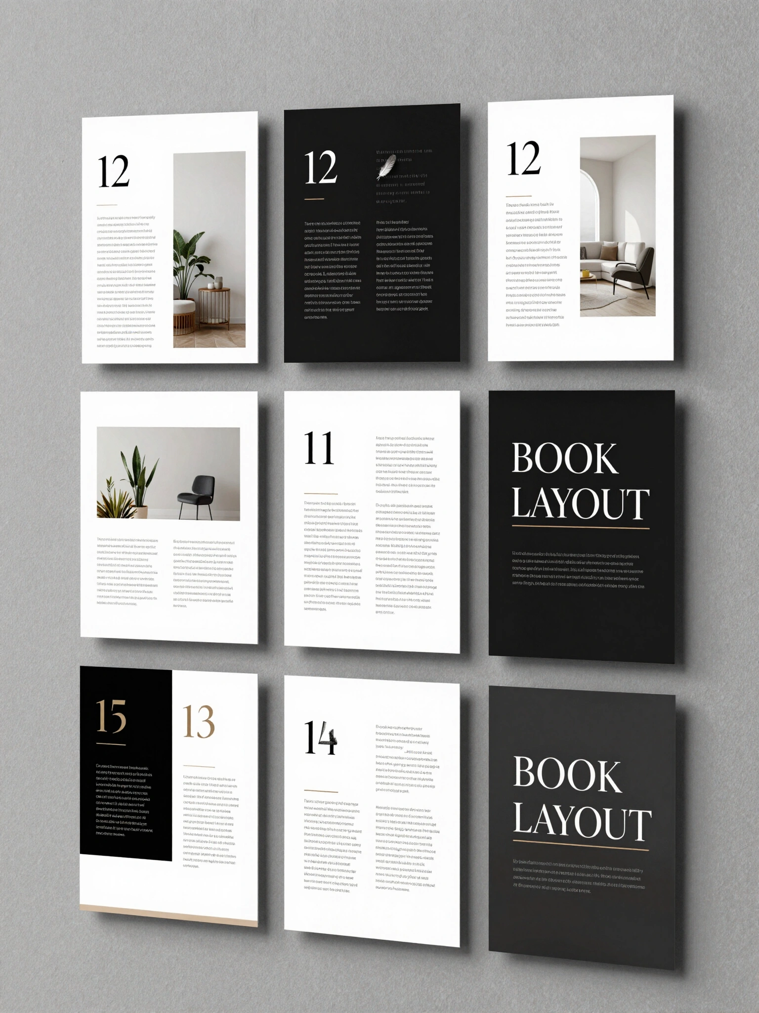 Book layout template with black and white pages and modern design elements