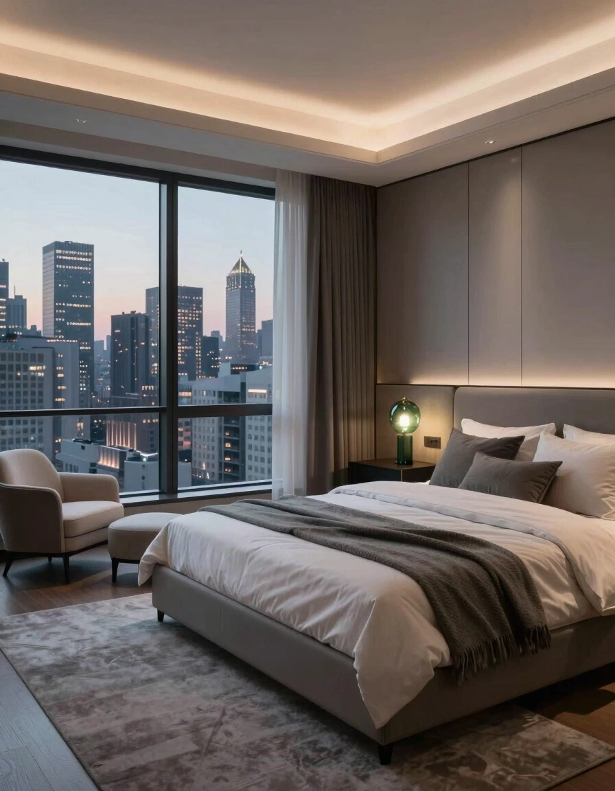 A modern bedroom with a large window showing a city skyline at dusk, featuring a gray bed with white bedding and a green glass lamp.