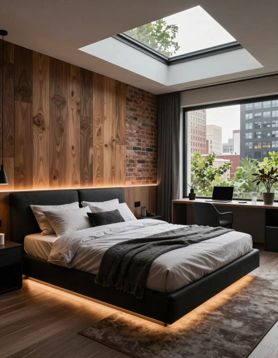 A modern bedroom with a black bed, wooden accent wall, exposed brick, and a city view through large windows.