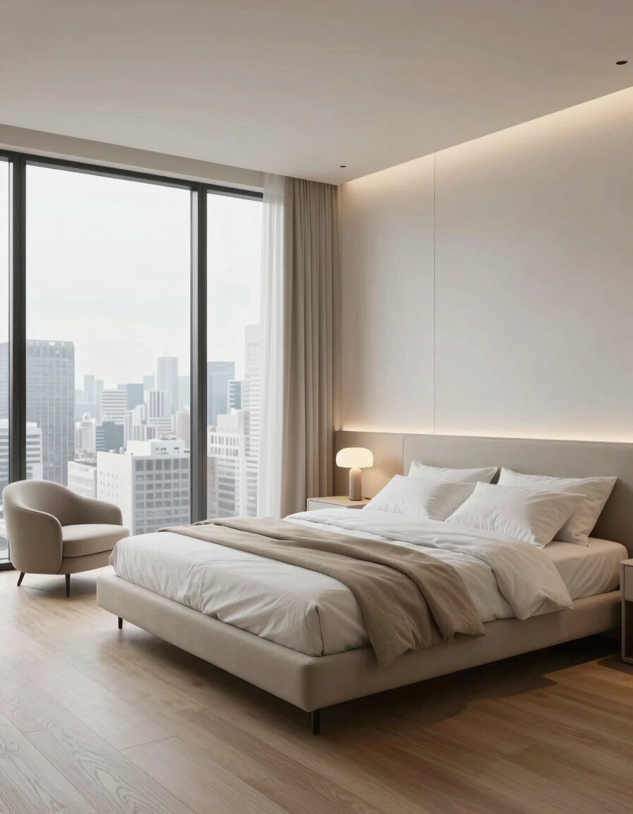 A modern bedroom with a large window, beige bed, and matching armchair, showcasing a minimalist aesthetic.