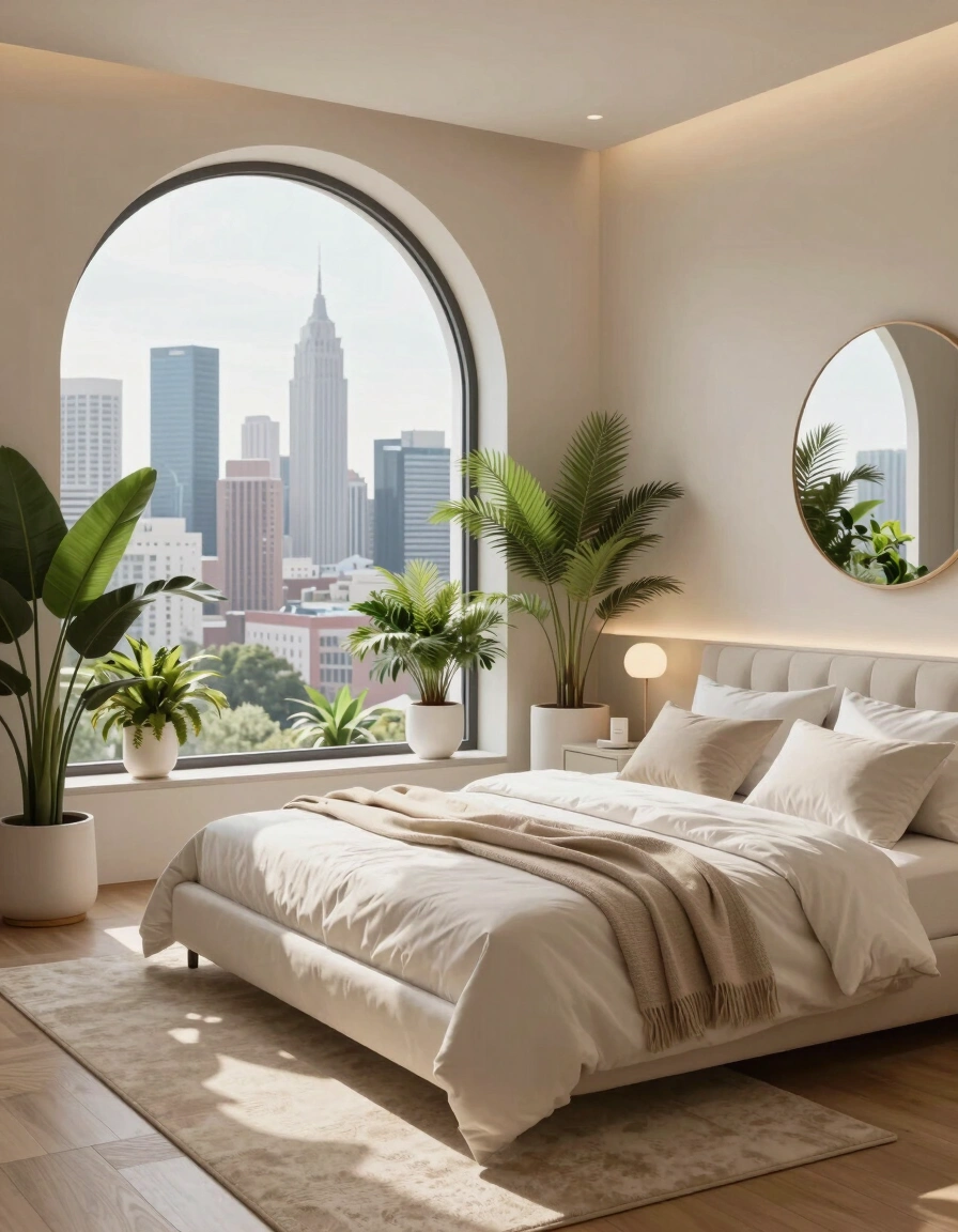 A modern bedroom with a large arched window showing a city skyline, a white bed with pillows and a throw blanket, and green plants around the room.