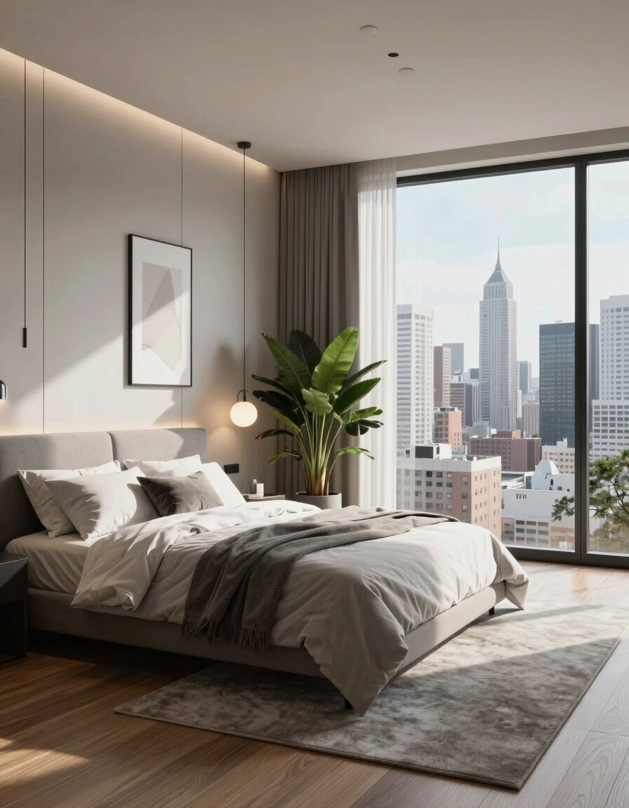 A modern bedroom with a city view, featuring a gray bed, white bedding, and pendant lights.