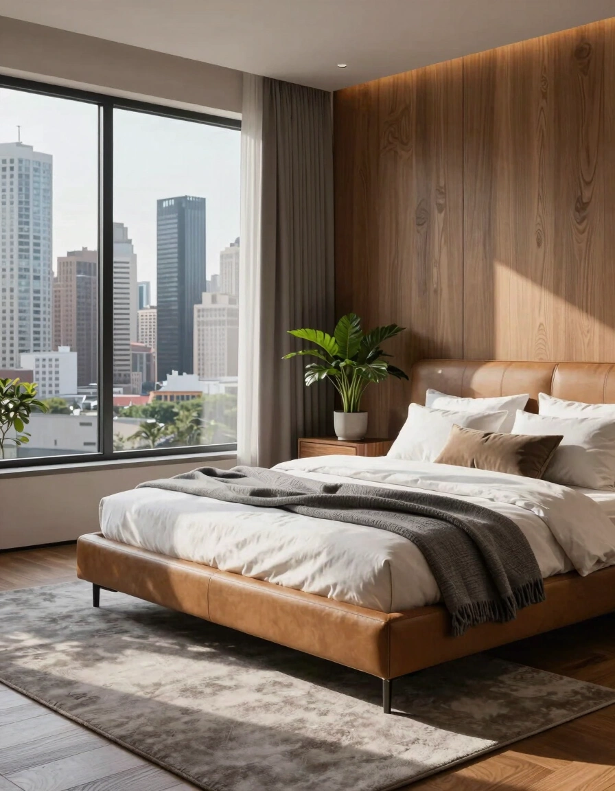 A modern bedroom with a large window showing a city view, tan leather bed, white bedding, and gray throw blanket.