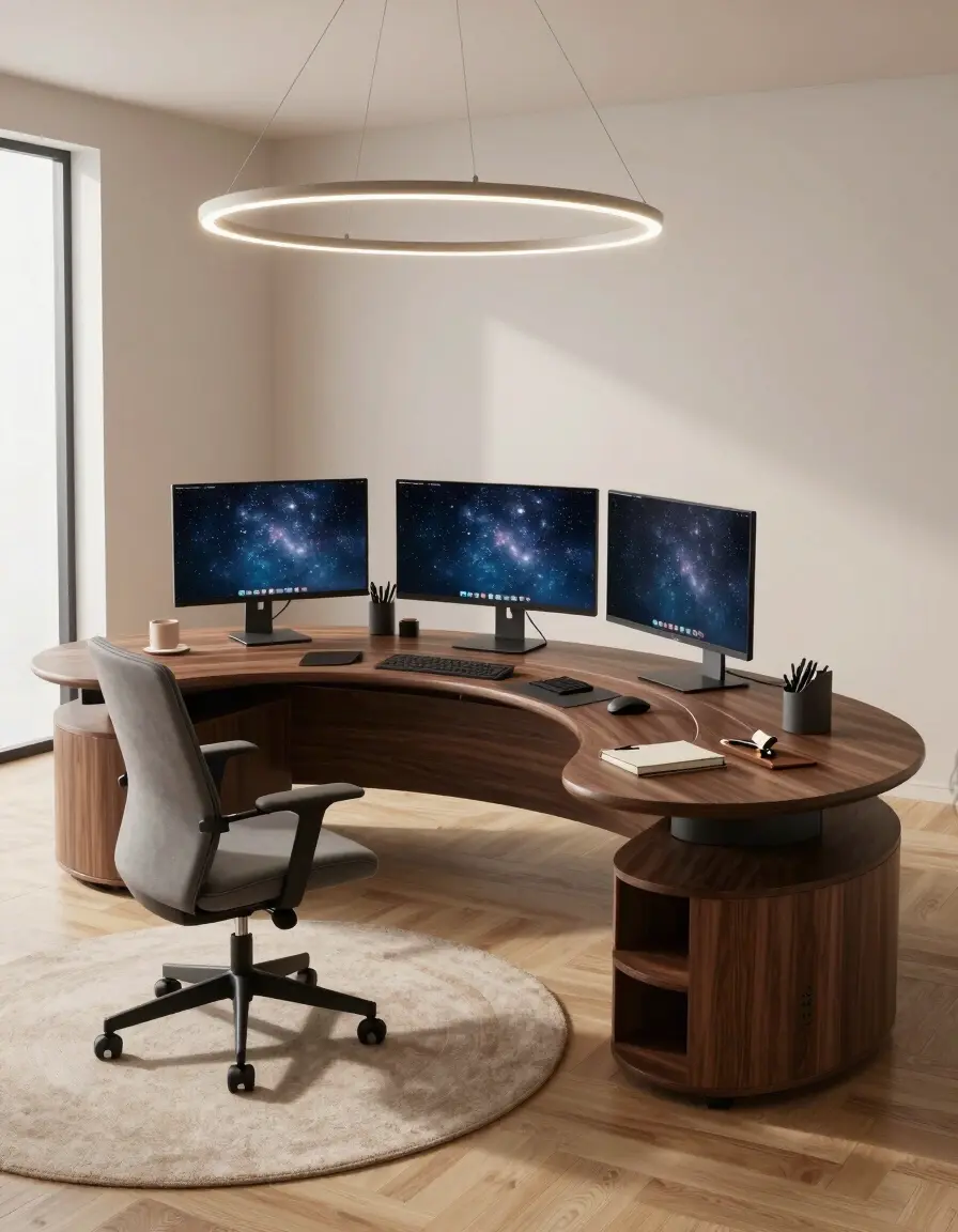 Curved office desk with monitors, keyboard, and office supplies under a circular LED light fixture.