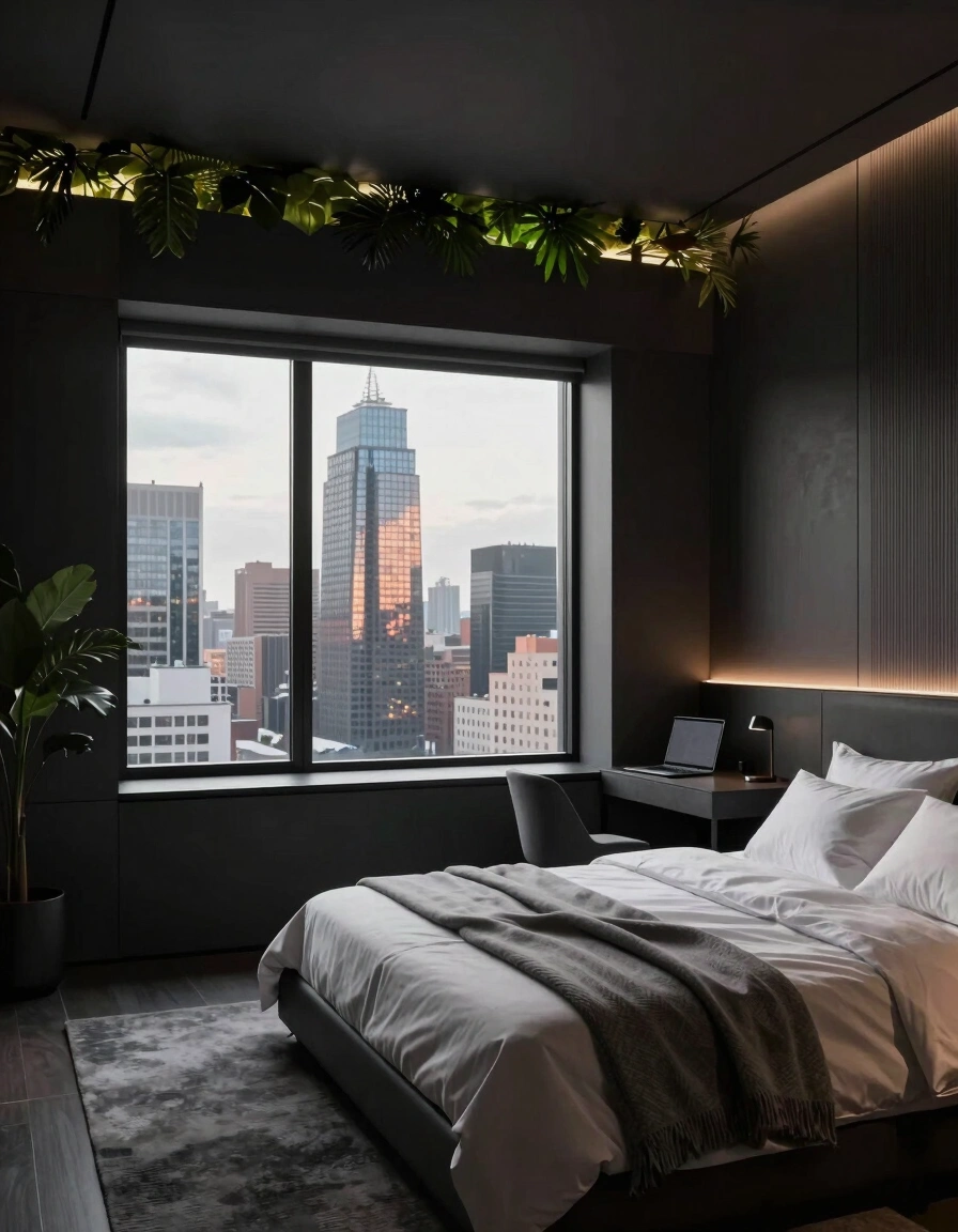 A dark, modern bedroom with a large window showing a cityscape, a minimalist bed, and a desk with a laptop.