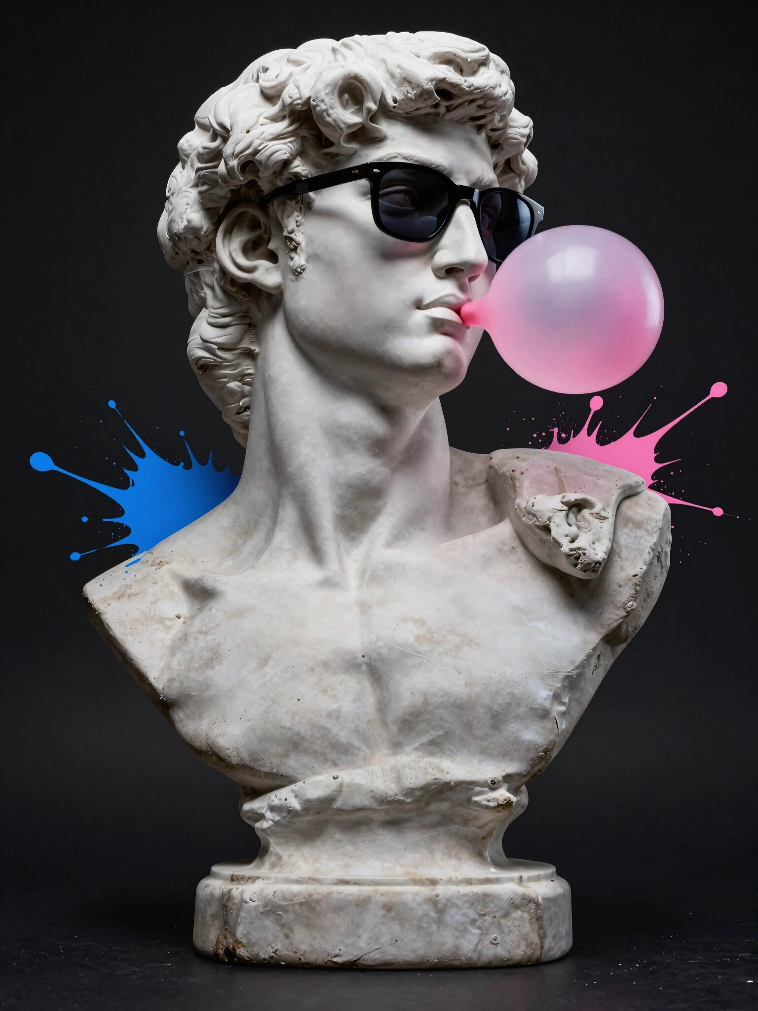 A modern twist on the classic bust of David, wearing sunglasses and blowing bubble gum, against a vibrant black background with paint splatters.
