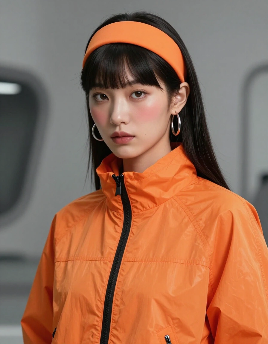 Young Asian woman in orange jacket and headband with black hair and brown eyes.