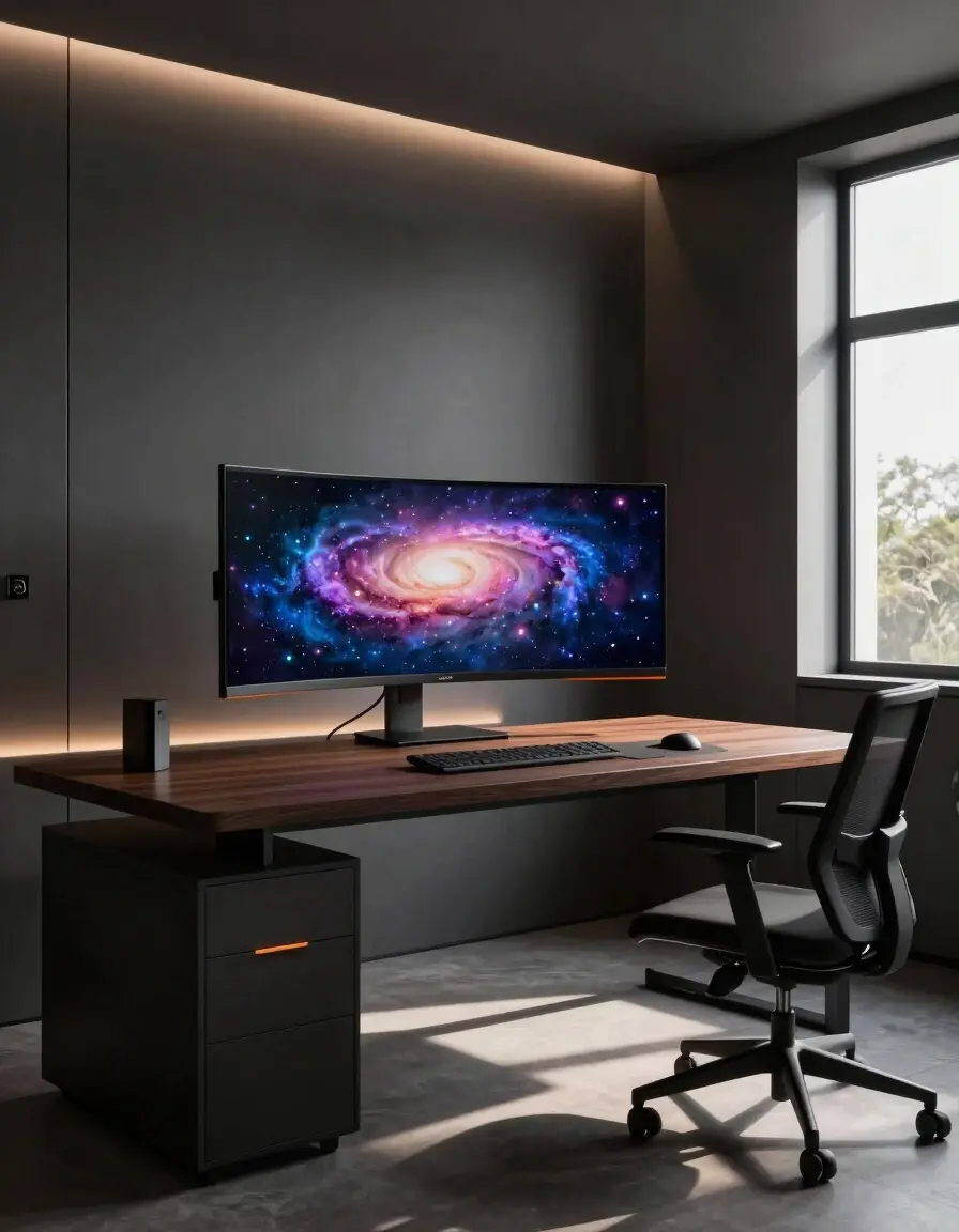 A modern home office with a large curved monitor displaying a galaxy scene, surrounded by a dark wood desk and black ergonomic chair, with natural light and ambient LED lighting.