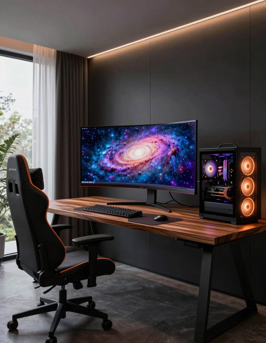 A modern home office with a large curved monitor displaying a galaxy scene, a sleek wooden desk, and a custom-built PC with glowing orange lights.
