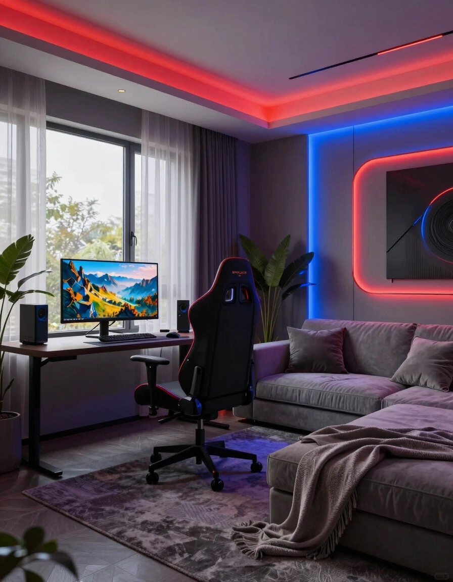 A modern living room with a gaming desk, gray sofa, and ambient red and blue LED lighting.