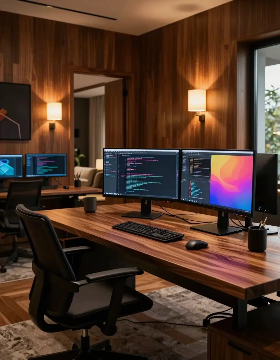 A modern home office with a large wooden desk, multiple computer monitors, and an ergonomic black chair, surrounded by wooden paneling and warm ambient lighting.