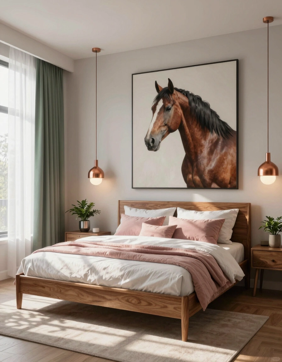 A modern bedroom with a horse portrait, wooden bed, and copper lights.