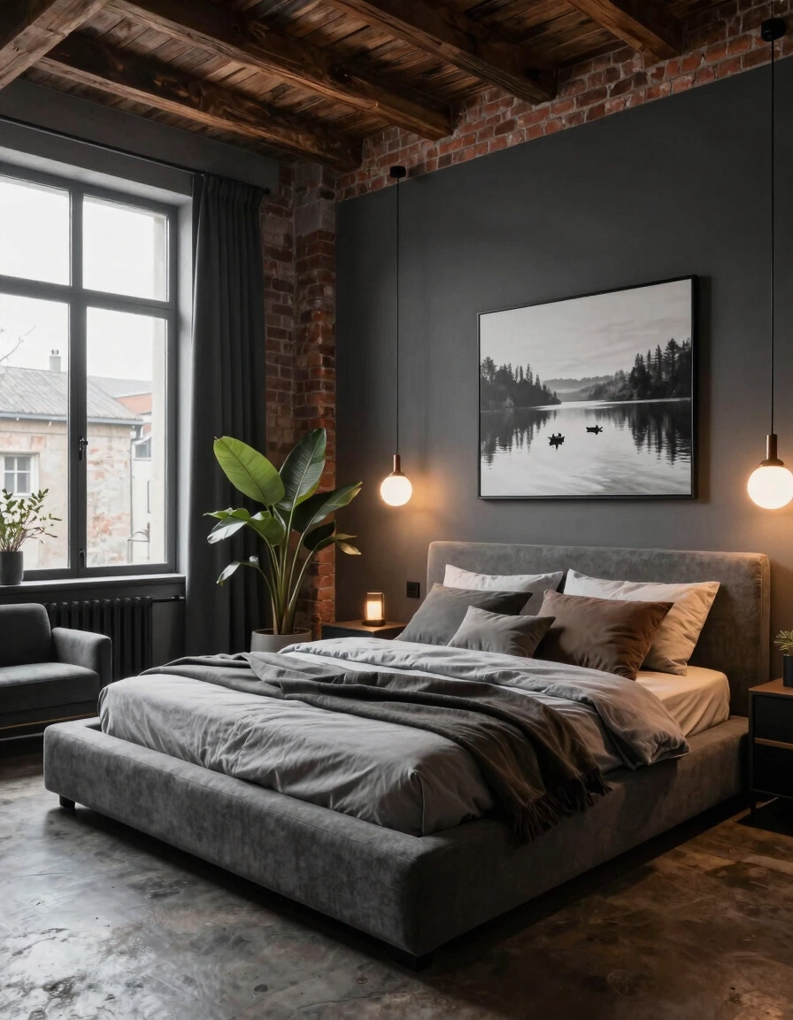 Modern bedroom with gray bed, exposed brick, and wooden beams