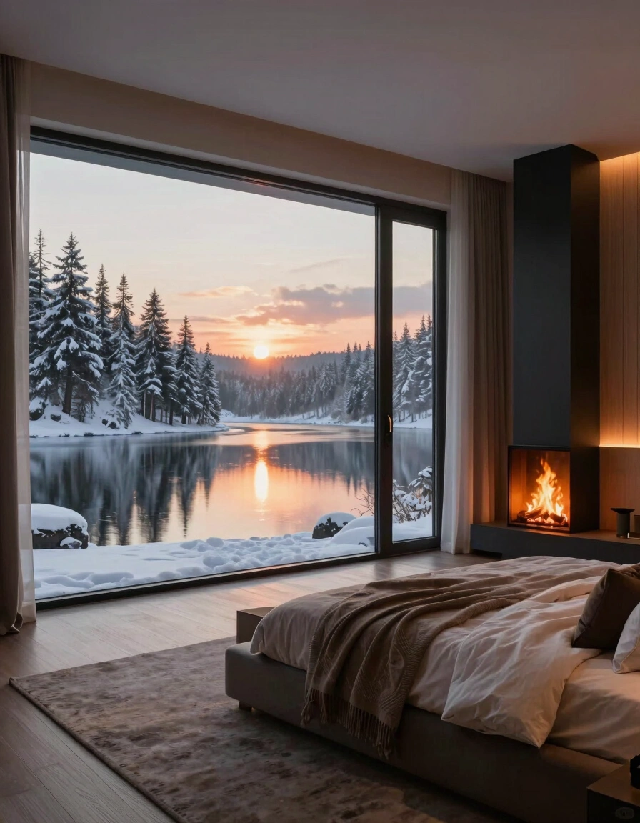 A modern bedroom with a large window, cozy fireplace, and comfortable bed, overlooking a snow-covered forest and tranquil lake at sunset.