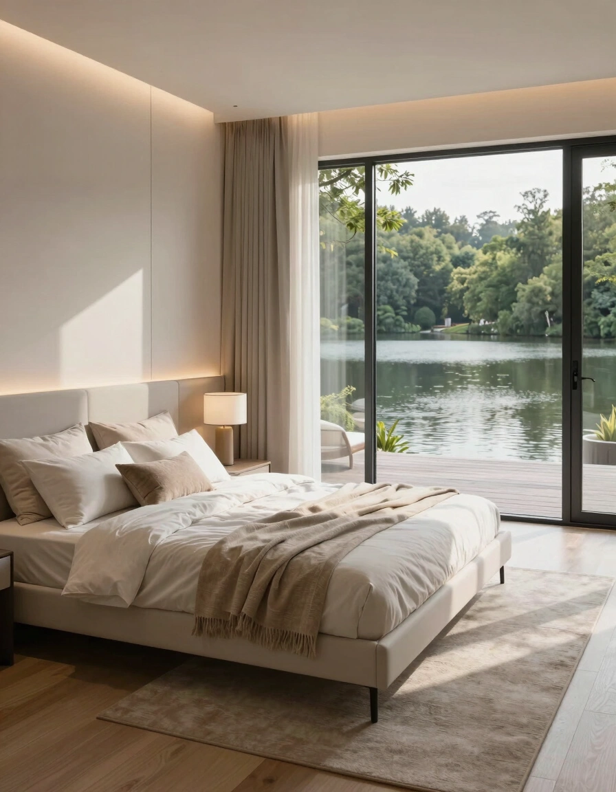 A modern bedroom with a white bed, beige rug, and a large window overlooking a lake and trees.
