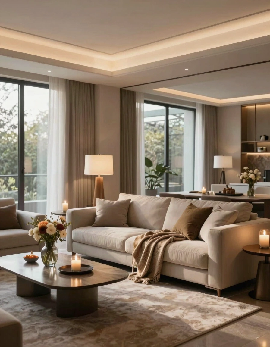 A modern living room with a neutral color palette, comfortable sofa, and armchair, surrounded by decorative elements and warm lighting.