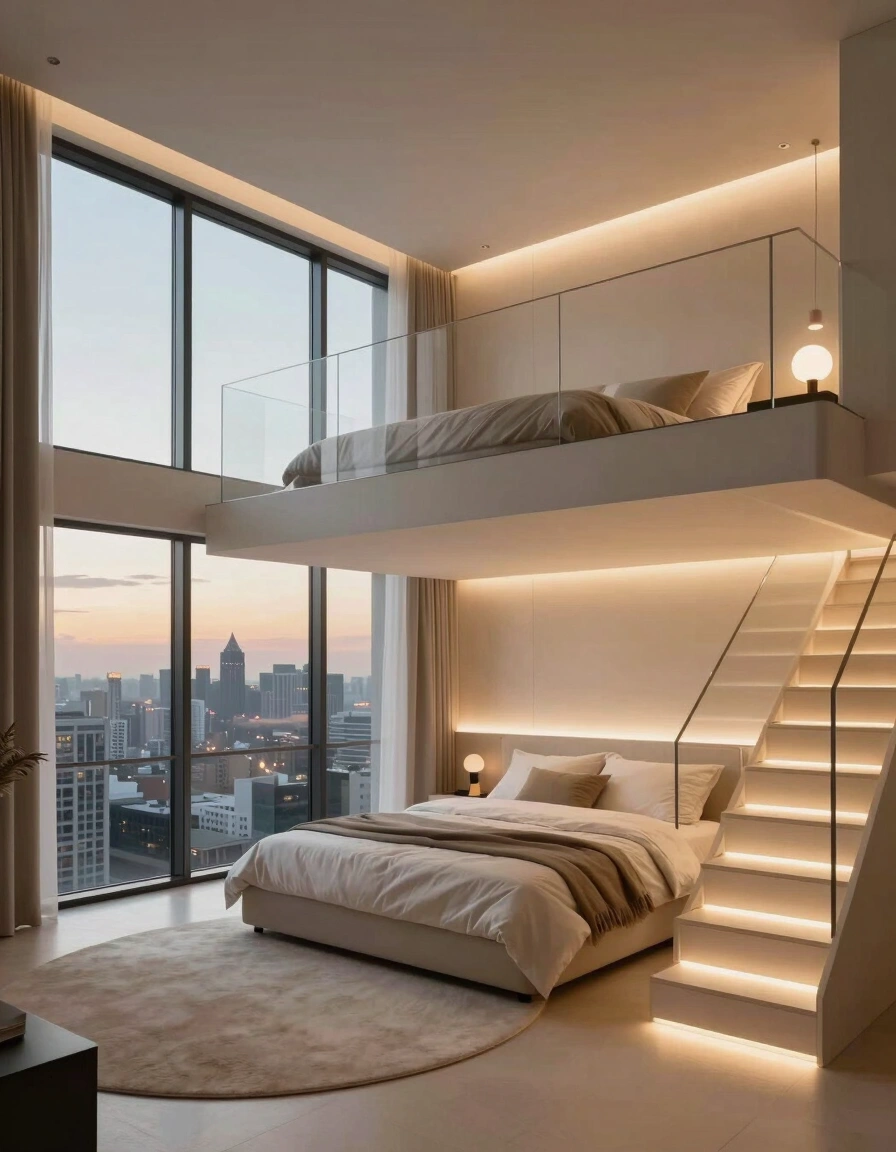 A modern loft bedroom with a raised sleeping area and city view at sunset.