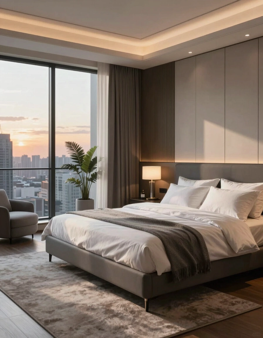 A modern bedroom with a large bed, gray headboard, white bedding, and a city view at sunset.