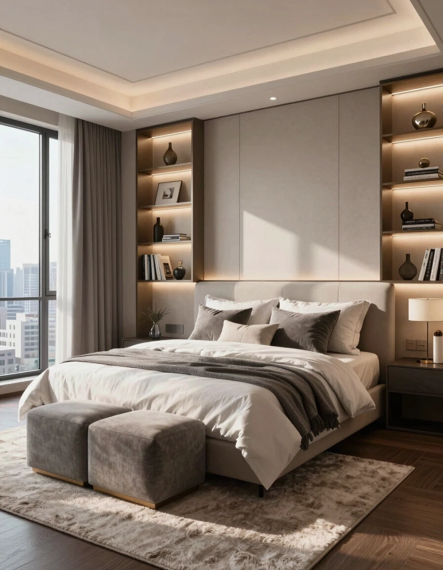 A modern bedroom with a large bed, built-in shelves, and a city view
