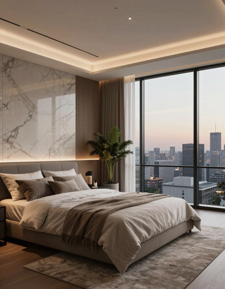 A modern bedroom with a large bed against a marble wall, city view, and warm lighting.