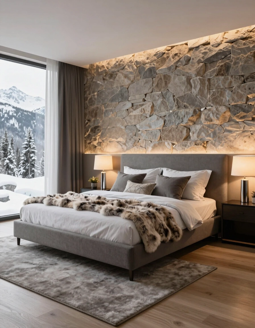 A modern luxury bedroom with a large bed, stone accent wall, and a view of snow-covered mountains and trees.