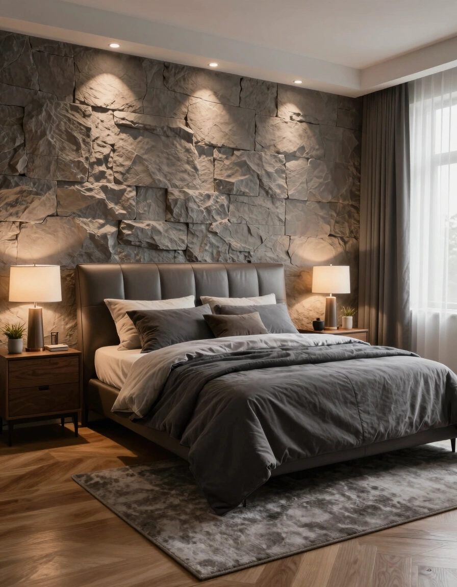 A modern bedroom with a large bed, stone accent wall, and dim lighting, exuding luxury and coziness.
