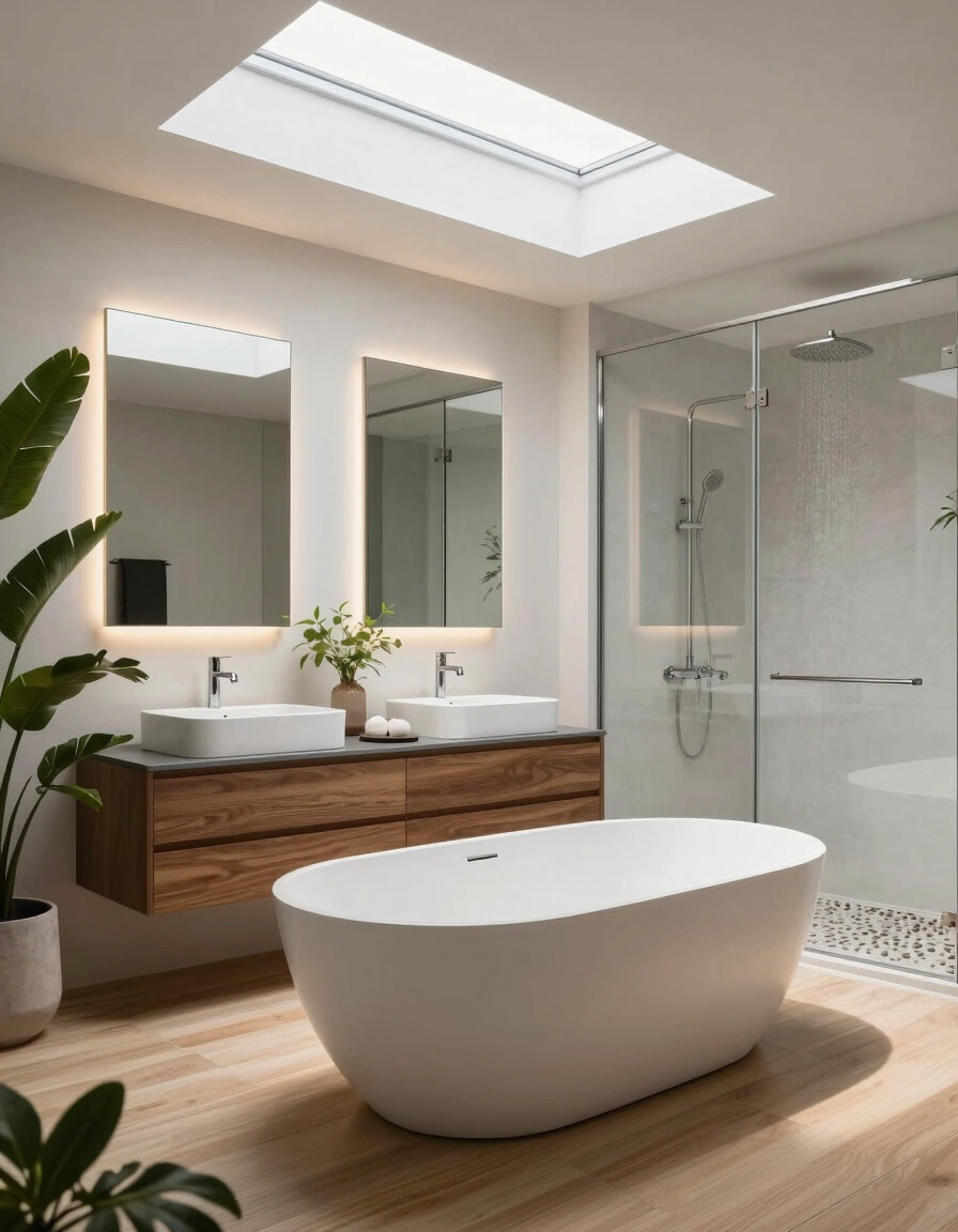 A modern bathroom with a white bathtub, double sink, and glass shower enclosure, illuminated by a skylight.
