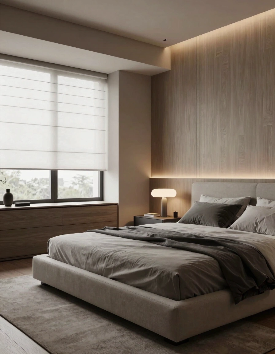 A modern bedroom with a large bed, wood paneling, and strip lighting, creating a serene and stylish space.