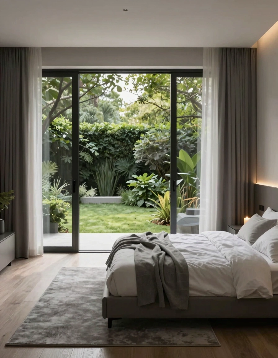 A modern minimalist bedroom with a large glass door, gray bed, and lush garden view, embodying serene luxury and natural elegance.