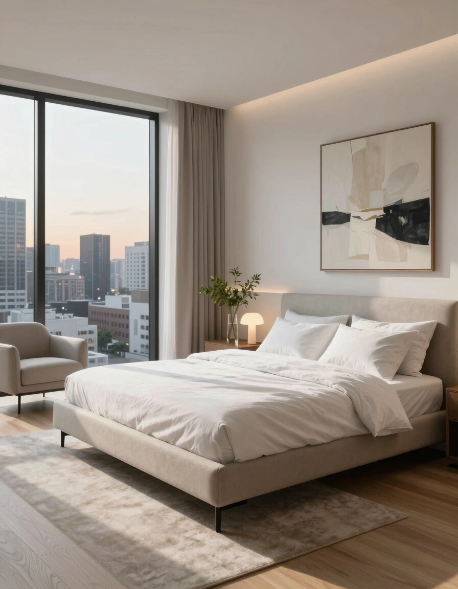 A modern minimalist bedroom with a beige bed, white linens, and a city view through a large window.