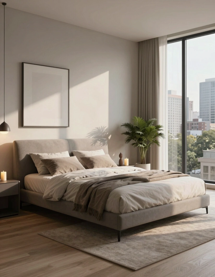 A modern minimalist bedroom with a large bed, light gray headboard, beige bedding, and a city view through a floor-to-ceiling window.