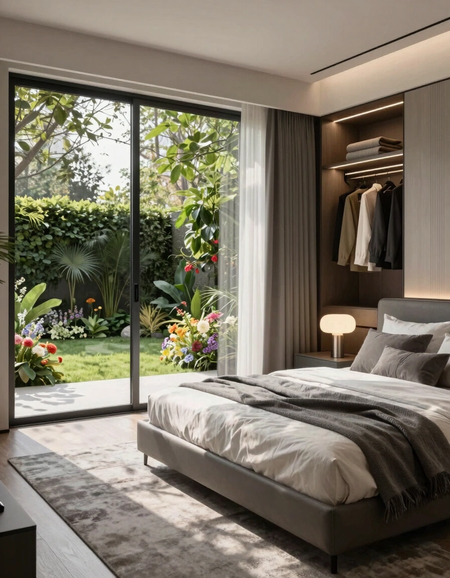 A modern bedroom with a large glass door, gray bed, and built-in closet, surrounded by lush greenery.
