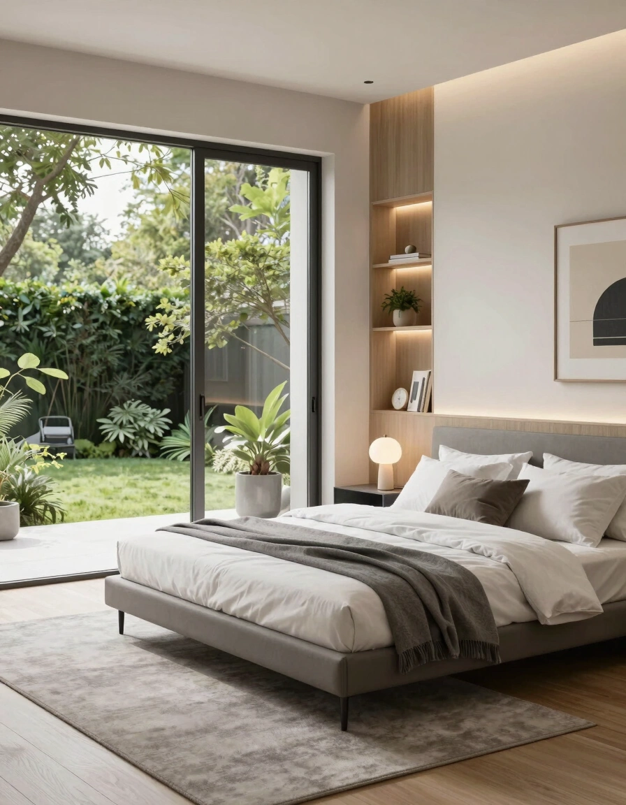 A modern minimalist bedroom with a gray bed, white bedding, and a view of a lush garden through a large glass door.