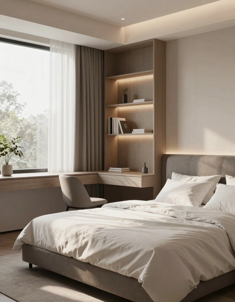 A modern bedroom with a built-in desk and shelving, featuring a large window, minimalist bed, and gray upholstered headboard, with warm ambient lighting and natural light.