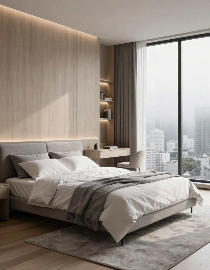 A modern bedroom with a grey bed, white bedding, and a city view through a large window.