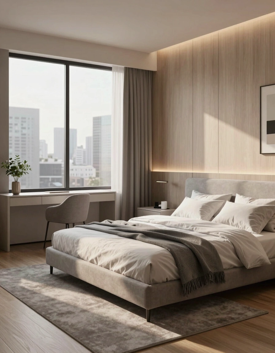 A modern bedroom with a large window showing a city view, featuring a gray bed, white bedding, and a minimalist desk.