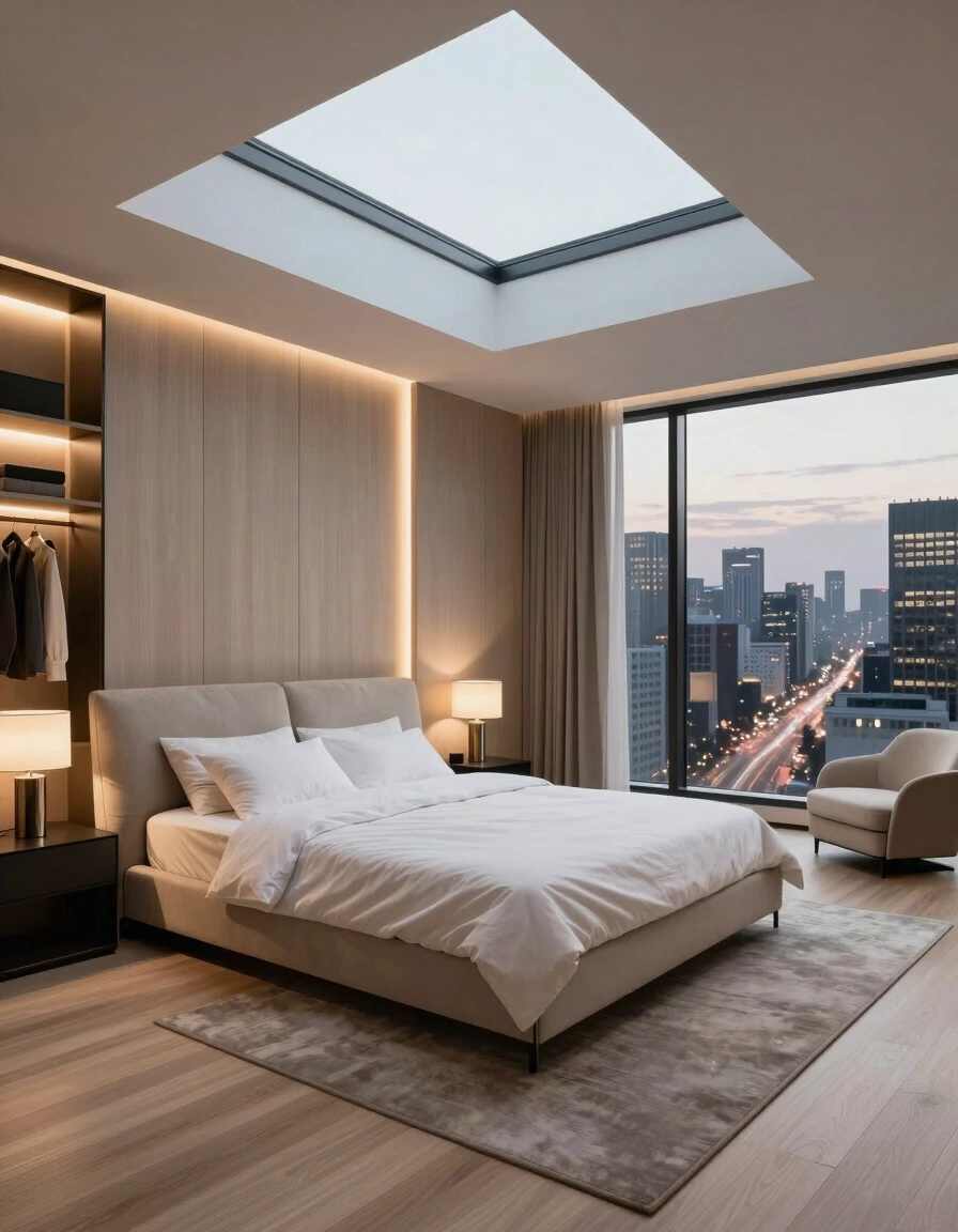 A modern minimalist bedroom with a skylight, built-in closet, and city view at dusk, featuring a beige bed, white bedding, and light wood accents.