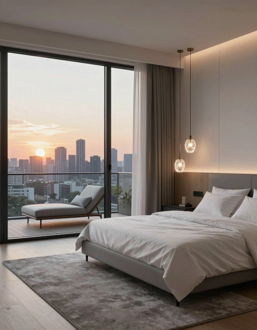 A modern bedroom with a large window showing a city skyline at sunset, a white bed, and gray chaise lounge on a deck.