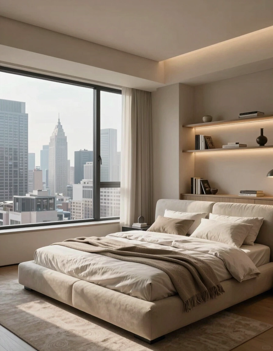 A modern minimalist bedroom with a beige bed, built-in shelves, and a city view through a large window.