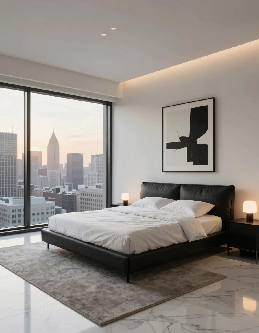 A modern bedroom with a black bed, white bedding, and a large window showing a city skyline.