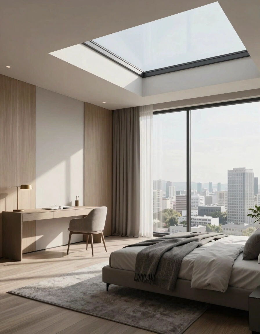 A modern bedroom featuring a large skylight, city view, and minimalist decor with a gray bed and light wood cabinetry.